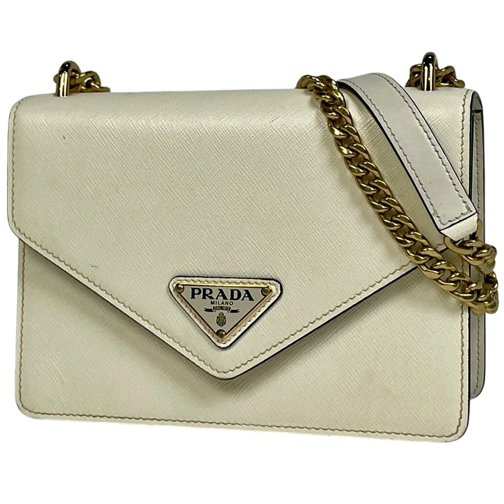 Prada Plate Chain Shoulder Bag Saffiano Leather White